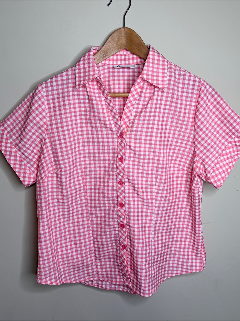 Vintage Seersucker Pink Gingham Button-Up Shirt Size Large